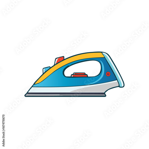 Blue and yellow cartoon iron, isolated illustration