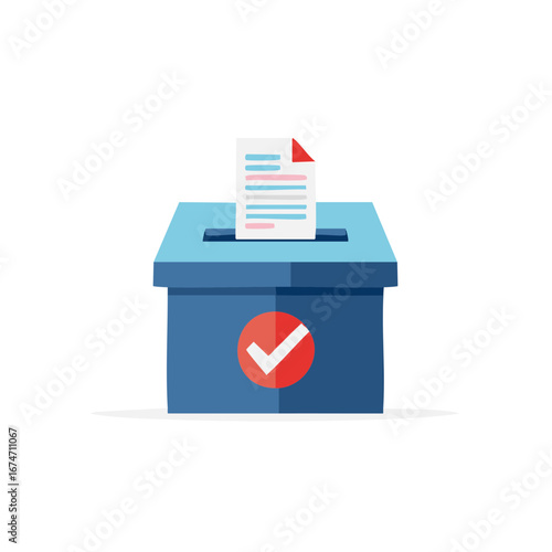 Democratic ballot box with paper document and checkmark symbol for voting and election concept