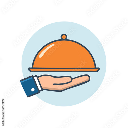 Hand Offering Orange Cloche Food Service: Serving Tray with Elegant Hospitality Concept