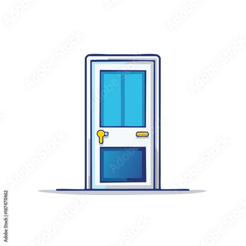 Cartoonish Doorway with Handle, Blue and White Hues, Home Interior Access