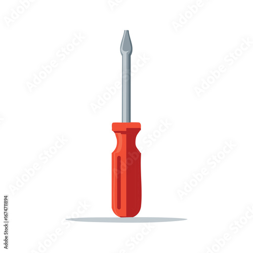 Flathead screwdriver with a bright red handle and metal shaft isolated on a white background for repair and construction concepts