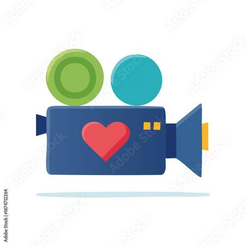 Colorful vector video camera with red heart symbol representing love and passion for filmmaking