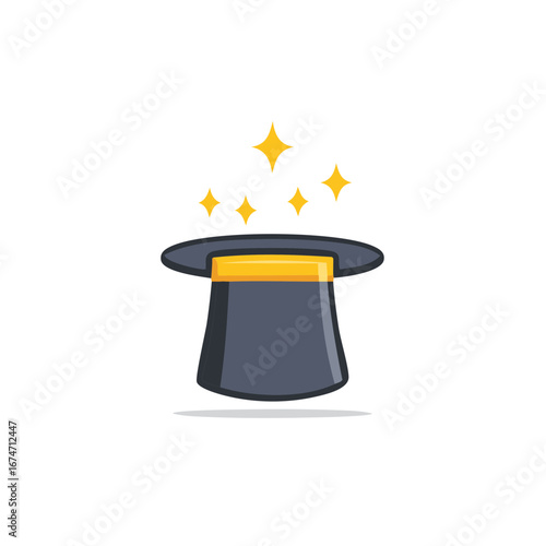 A classic magician's top hat with a yellow band and sparkling stars emanating from above