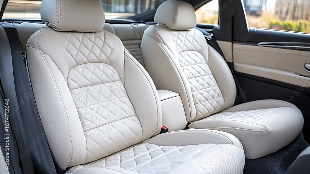 Obraz premium Car interior featuring two cream colored leather seats with quilted pattern.