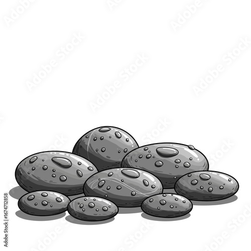 Stones with dew drops. Still life in a linear style, suitable for meditation, healing, using natural remedies