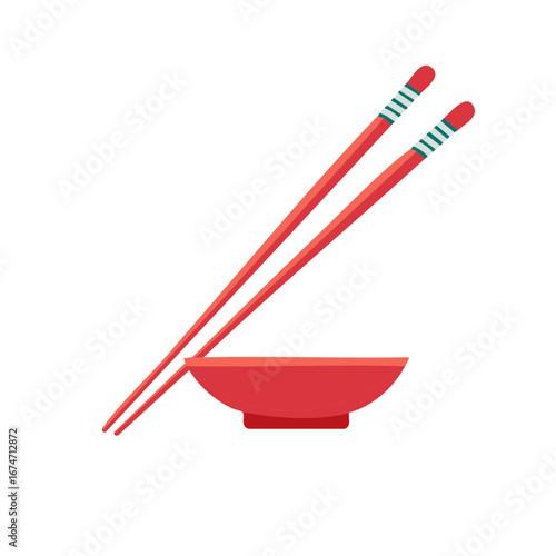Minimalist flat design icon of red chopsticks and a rice bowl for Asian cuisine