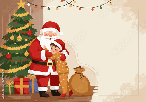 A child in pajamas meets and hugs Santa in front of a Christmas tree decorated with presents.