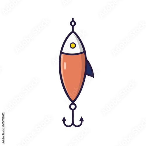 Fishing Lure Illustration with Hook, Line Art Fishing Bait Icon, Angling Gear