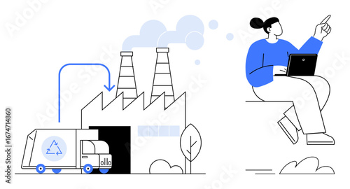 Factory with smoke stacks processing waste from recycling truck. Woman with laptop brainstorming ideas. Ideal for sustainability, waste management, recycling, industry, innovation, technology