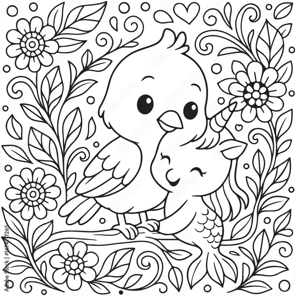 Fototapeta premium Cute Bird and Unicorn Coloring Page with Floral Frame for Kids Activities and Creative Relaxation Fun Coloring Book Illustration