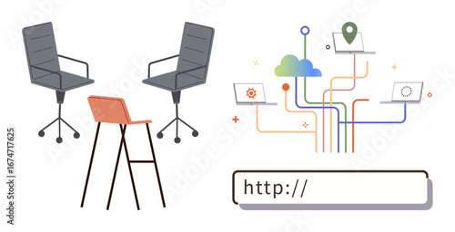 Office chairs and a bar stool next to a networking concept with laptops, cloud, and location marker. Ideal for teamwork, remote work, technology, innovation, internet business and planning. Simple