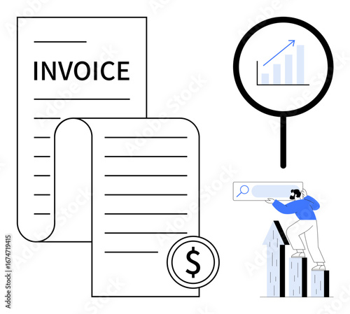 Invoice document with a dollar icon, magnifying glass over a rising graph, and a person on arrows searching for success. Ideal for money management, financial planning, growth analytics, data review