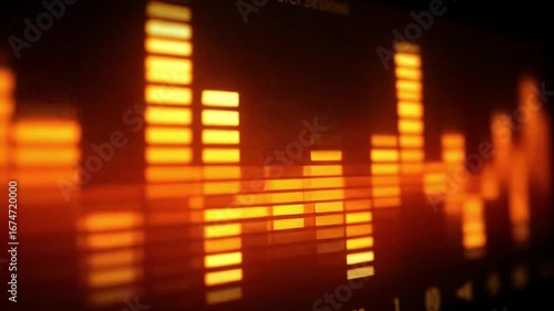 A blurred orangelit audio level meter displays dynamic bar segments