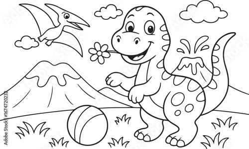Cute Dinosaur and Pterodactyl in Cartoon Landscape Coloring Page for Children Activity Books and Educational Materials Stock Illustration