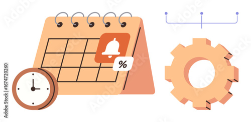 Desk calendar with alert icon, clock, and gear symbolizing scheduling, deadlines, planning, automation, optimization, productivity, and task management in a simple flat metaphor