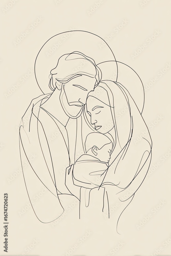 Fototapeta premium Holy Family line art, tender embrace, calm background, religious art print