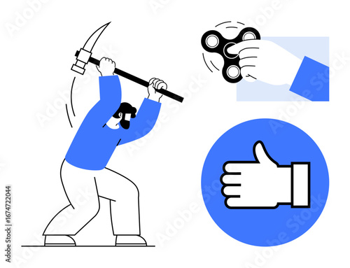 Man swinging pickaxe, hand holding fidget spinner, large thumbs-up icon. Ideal for mining, productivity, leisure, focus, teamwork approval motivation. Perfect for a simple landing page
