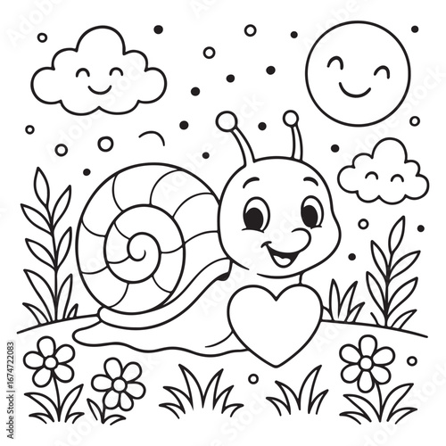 Cute Snail with Heart Coloring Page Illustration for Childrens Activity Books and Educational Materials Happy Cartoon Snail with Smiling Sun and Clouds in a Simple Landscape