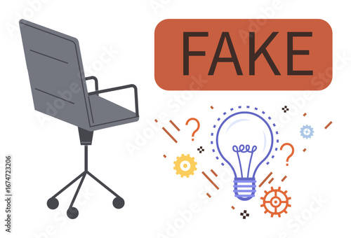 Office chair beside glowing lightbulb surrounded by gears, question marks, and Fake warning. Ideal for creative validation, innovation, critical thinking, judgment, skepticism, brainstorming simple