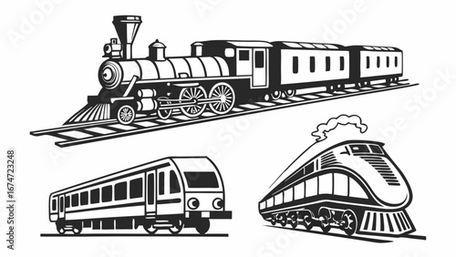 Black and White Train Vector Set Classic Steam Engine Modern High Speed Rail Commuter for Transportation Travel Logistics Design