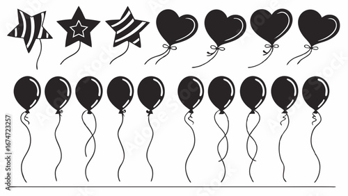 Black Silhouette Balloons Vector Set. Star, Heart, Round Shapes for Festive Party Celebration, Birthday, Anniversary, Love Event Graphic Design.