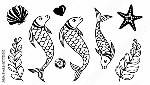 Whimsical Marine Life Doodle Set. Hand Drawn Black and White Fish Seashell Starfish Seaweed Graphics for Kids Design and Creative Projects.