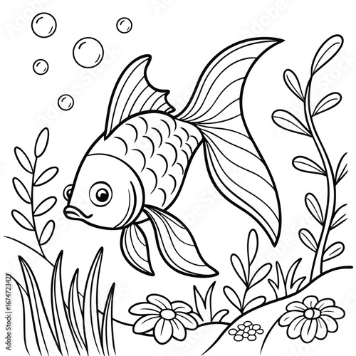 Elegant Goldfish in Aquatic Scene Coloring Page for Creative Relaxation and Artistic Expression with Underwater Plants and Bubbles