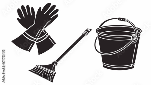 Essential Cleaning Tools Including Rubber Gloves Broom and Bucket for Home Maintenance Professional Janitorial Services and Hygiene Solutions