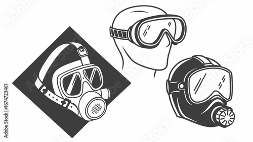 Industrial Safety Masks, Respirators, and Goggles Illustration. Essential Protective Gear for Hazardous Work, Diving, and Emergency Preparedness.