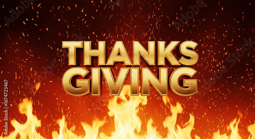 THANKSGIVING golden text with blazing flame edge on dark, bold seasonal title graphic perfect for holiday promotions, dinner invites, sale banners and festive web headers