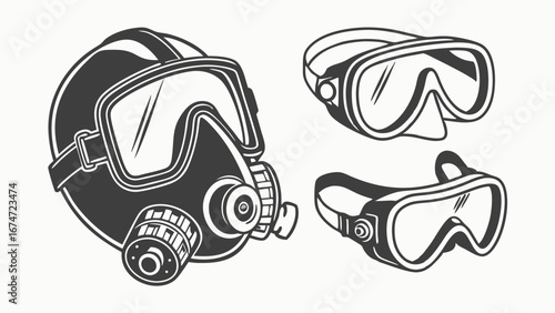 Scuba Diving Masks and Snorkeling Goggles for Underwater Exploration Summer Vacation Travel Adventure Water Sports Equipment Retro Illustration