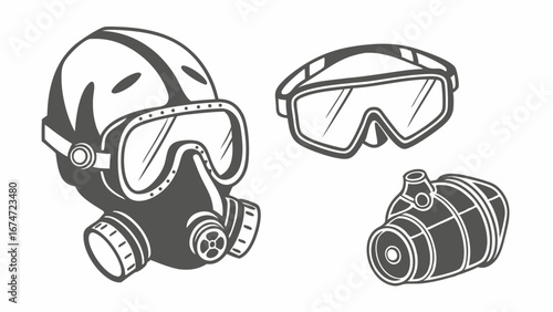 Protective Gas Mask Safety Goggles and Grenade Illustration for Military Defense Security and Emergency Survival Gear Design