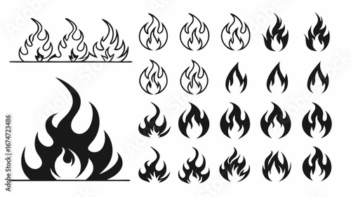 Black Fire Flame Icons Vector Set. Hot Burning Silhouette Symbols for Energy, Passion, Danger, Warmth. Graphic Design, Web UI, App, Branding.