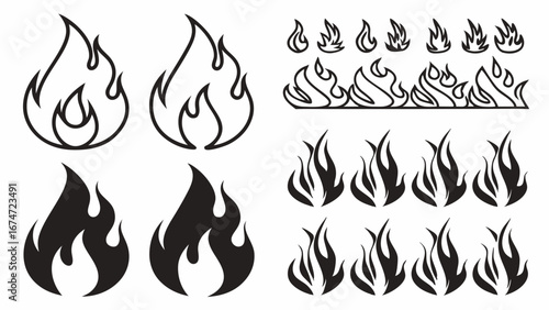 Fire Flames Vector Icons Set Outline Solid Silhouette Graphics for Energy Heat Danger Warning Logos Web Design App UI Power Passion