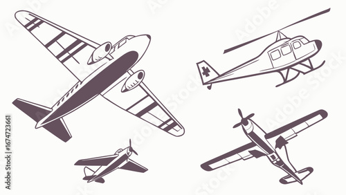 Diverse Aircraft Flying Line Art Illustration Featuring Vintage Propeller Planes And Rescue Helicopter For Aviation Logistics Travel And Emergency Services