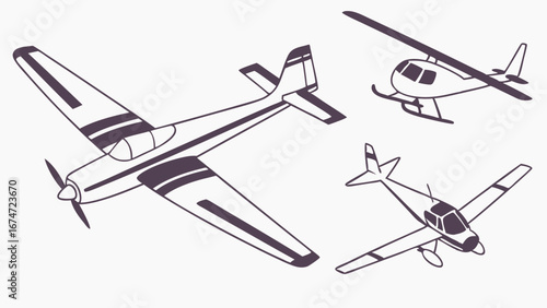 Diverse Aircraft Line Art Set for Aviation Travel Logistics and Flight Training Business Design