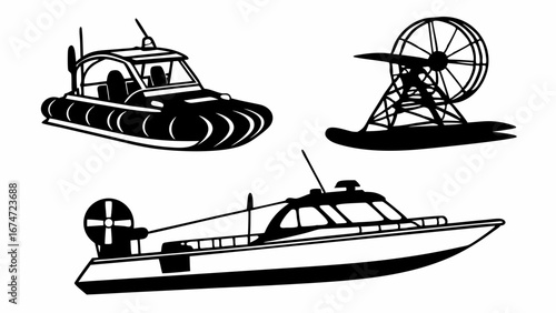 Hovercraft Paddle Boat and Speedboat Collection Diverse Marine Vehicles for Water Transportation Adventure and Engineering Design