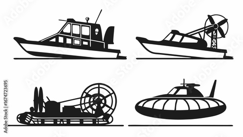 Diverse Modern Watercraft and Hovercraft Silhouettes for Marine Transport Innovation and Future Technology Design