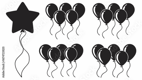 Black Star Balloon and Round Balloons Floating. Celebration, Success, Achievement, Party, Event Marketing, Winning, Premium Quality Graphic Design Element