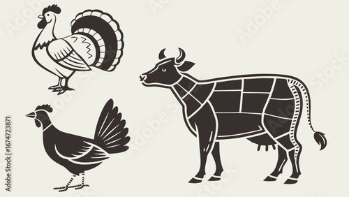 Black and White Vector Illustration of Beef, Turkey, and Chicken Meat Cuts. Traditional Butchery Diagram for Food Industry, Restaurant Menu, and Grocery Store.