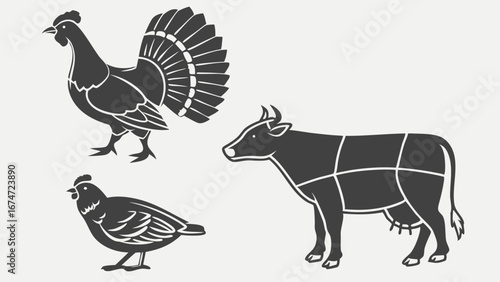 Butchery Meat Cuts Diagram Farm Animals Vector Silhouettes Turkey Chicken Cow for Food Industry Agriculture Culinary Restaurant Design