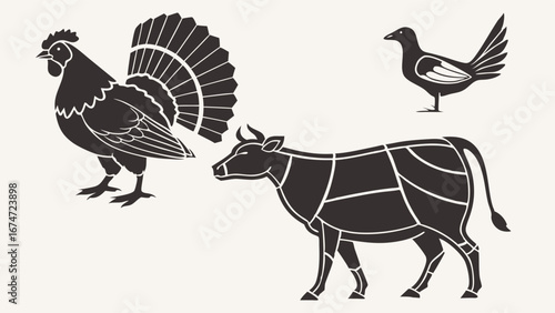 Traditional Butchery Diagram Beef Cuts and Farm Poultry Icons for Restaurant Menu, Butcher Shop, Food Industry Marketing