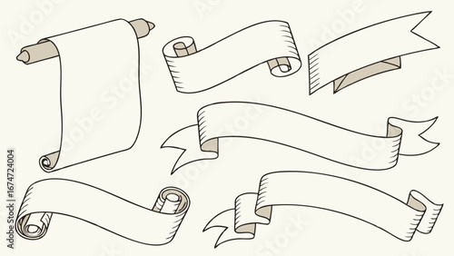 Hand Drawn Blank Scrolls and Vintage Banners Outline Set. Elegant Paper Ribbons for Graphic Design Elements, Web, Text, Invitations, Certificates.