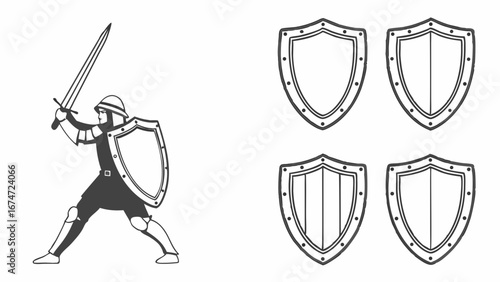 Powerful Medieval Knight Warrior with Sword and Shield Ready for Battle Historical Armor and Classic Shield Designs for Protection Defense and Gaming Graphics