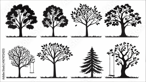 Diverse Tree Silhouettes Vector Icons for Nature and Environmental Design. Graphic Collection for Web, Logo, Landscaping, and Eco Projects.