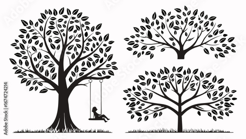 Peaceful Vector Tree Silhouettes with Child on Swing for Nature Logos Childhood Memories Growth and Web Graphic Design