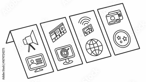 Digital Marketing Strategy Panels Featuring Promotion, Video Content, Web Communication, and Business Success