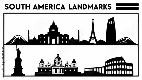 World famous landmarks silhouette skyline. Global travel destination monuments and architecture icons. International tourism.
