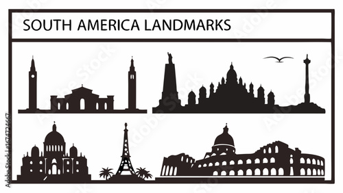 World famous landmarks silhouette vector illustration. Global travel tourism icons set. International architecture monuments city.