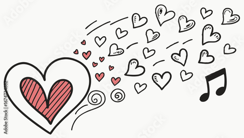 Hand drawn doodle hearts and musical note. Love music concept. Romantic passion, sound, emotion, Valentines Day art.